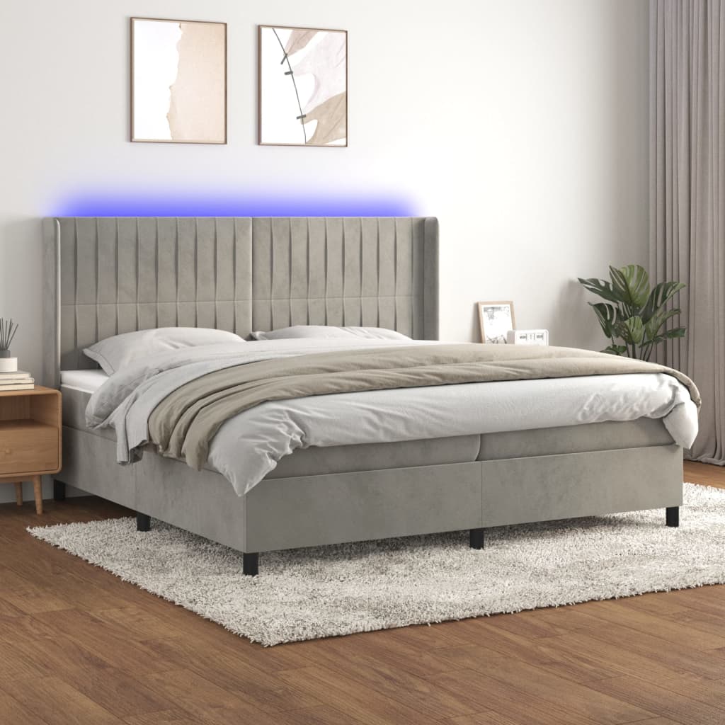 Box spring krevet s madracem i LED svjetlo sivi 200x200 cm baršun