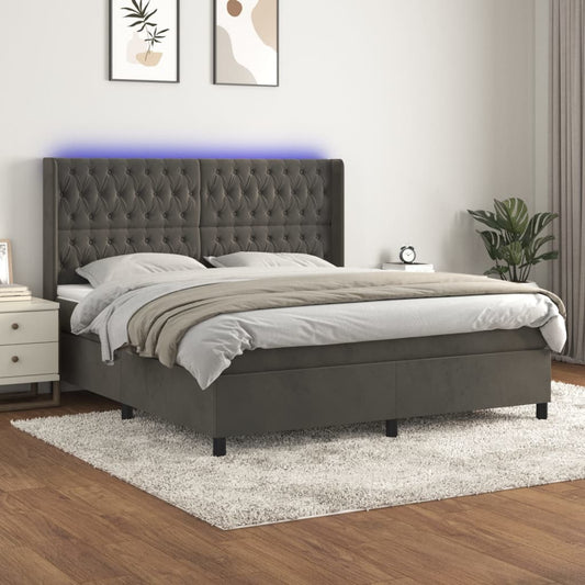 Box spring krevet s madracem i LED tamno sivi 160x200 cm baršun