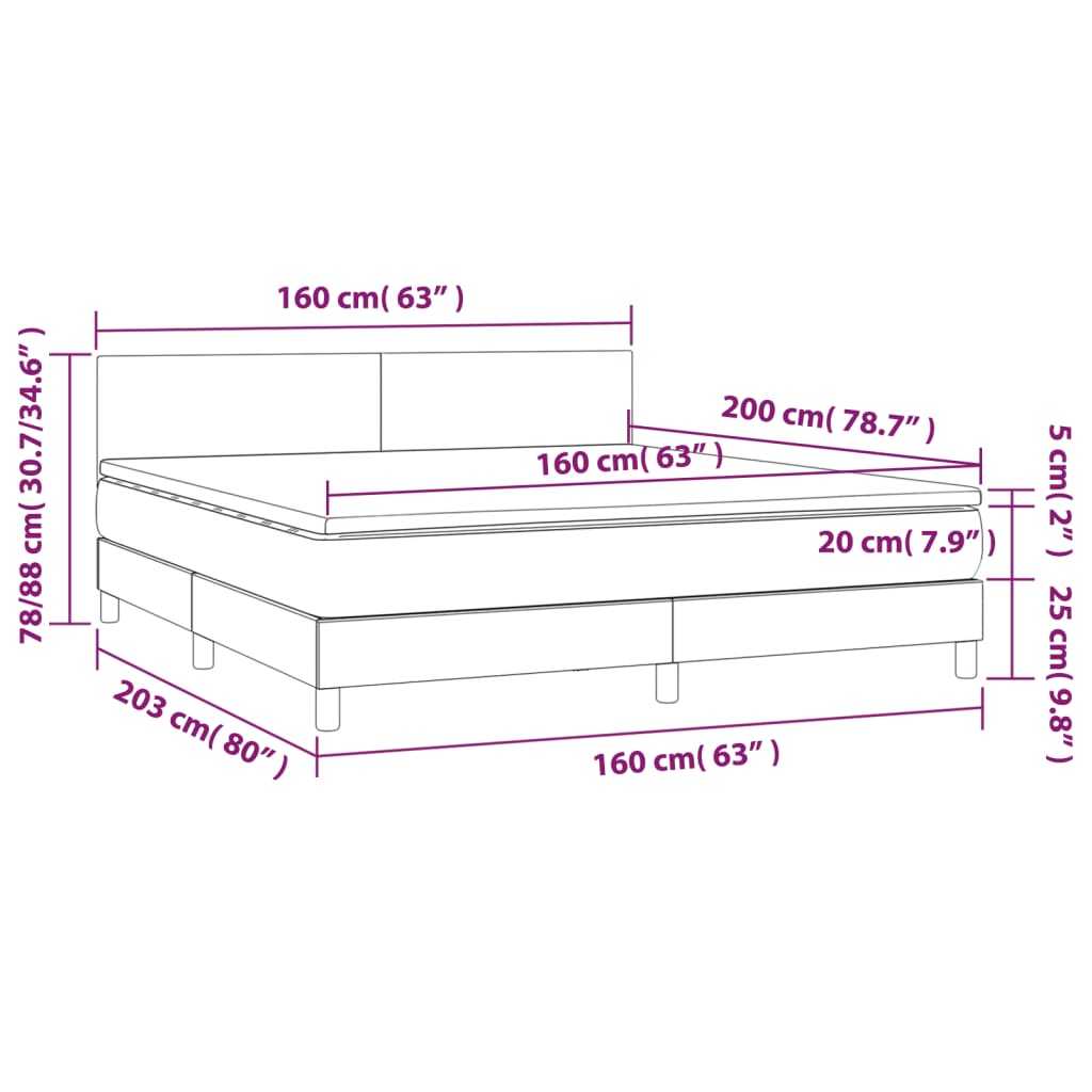 Box spring bed with mattress &amp; LED dark brown 160x200 cm fabric