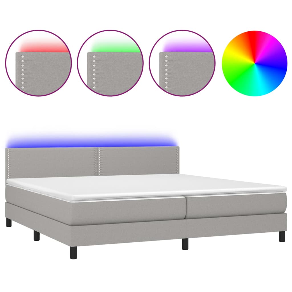 Box spring bed with mattress &amp; LED light grey 200x200 cm fabric