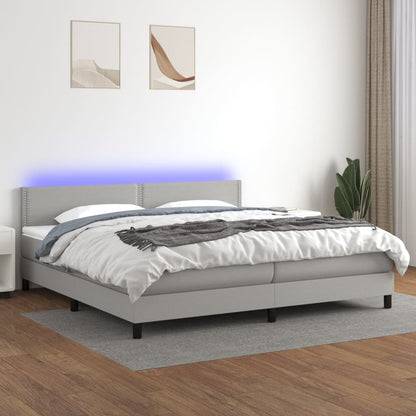 Box spring bed with mattress &amp; LED light grey 200x200 cm fabric