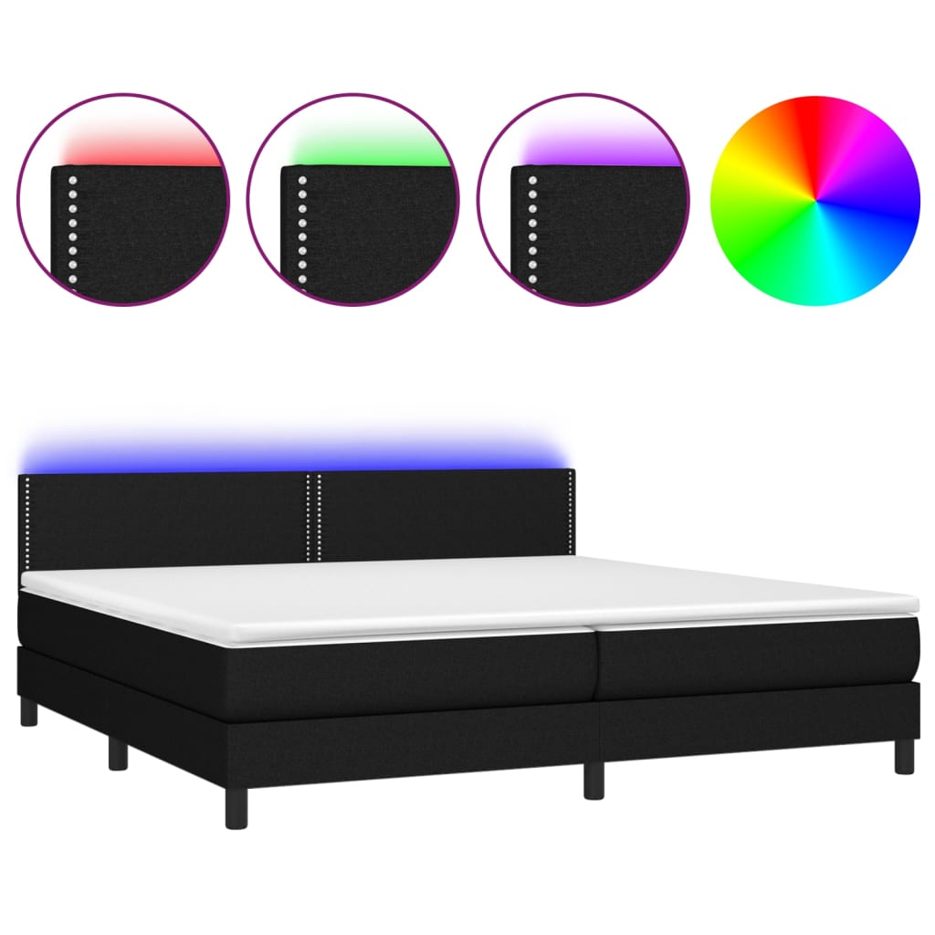 Box spring bed with mattress &amp; LED black 200x200 cm fabric