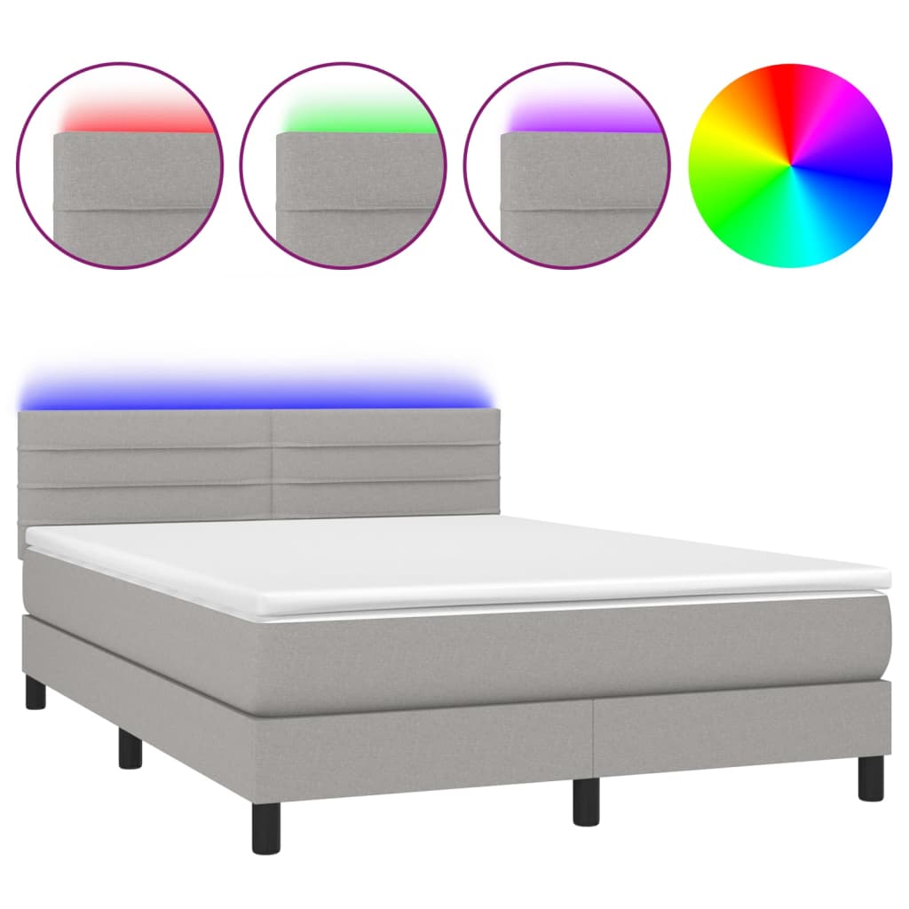 Box spring bed with mattress &amp; LED light grey 140x200 cm fabric