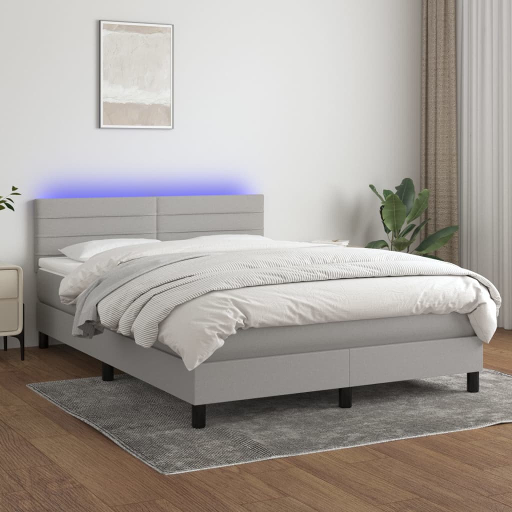 Box spring bed with mattress &amp; LED light grey 140x200 cm fabric