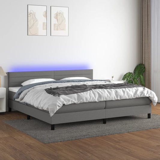 Box spring bed with mattress &amp; LED dark grey 200x200 cm fabric