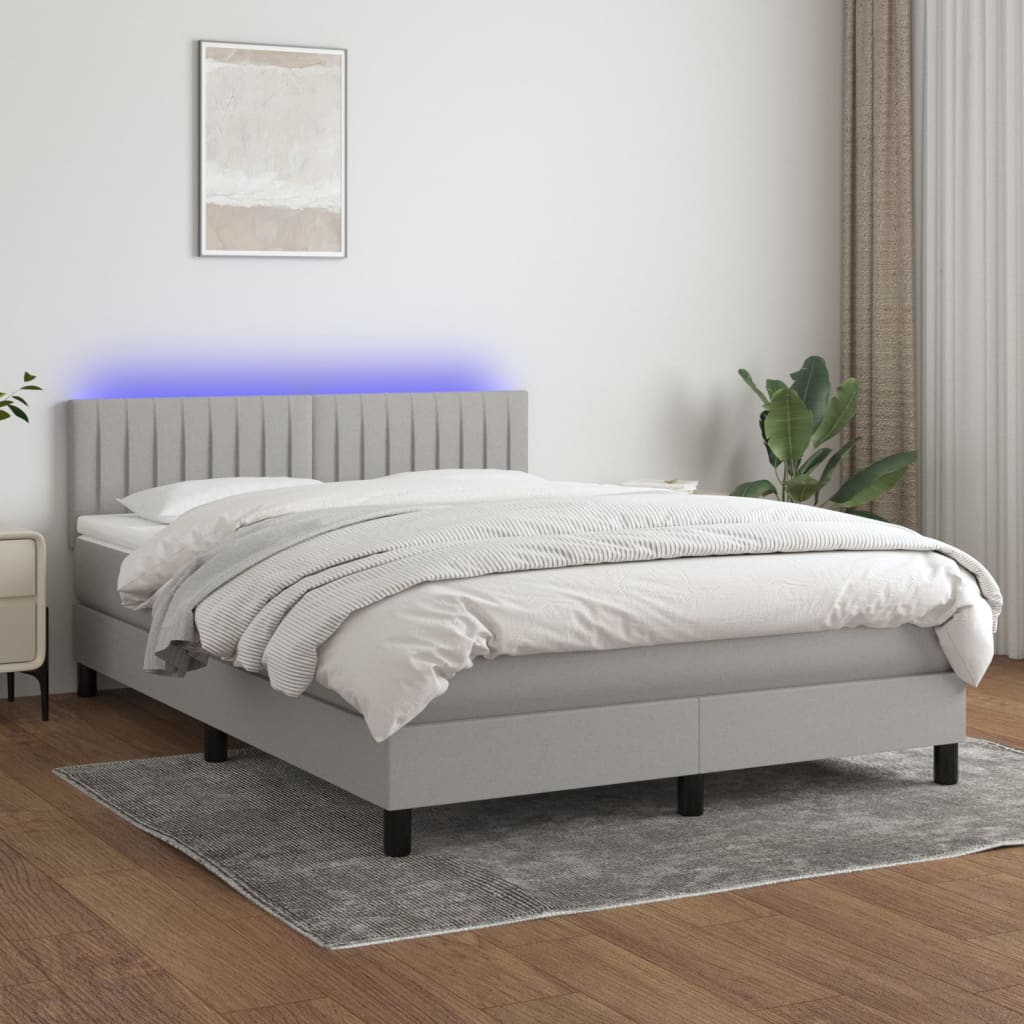 Box spring bed with mattress &amp; LED light grey 140x200 cm fabric