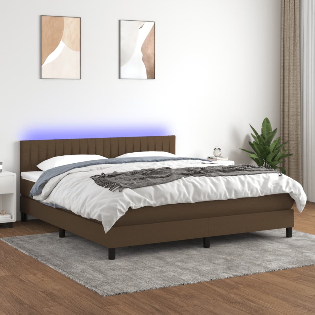 Box spring bed with mattress &amp; LED dark brown 160x200 cm fabric