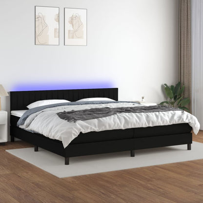 Box spring bed with mattress &amp; LED black 200x200 cm fabric