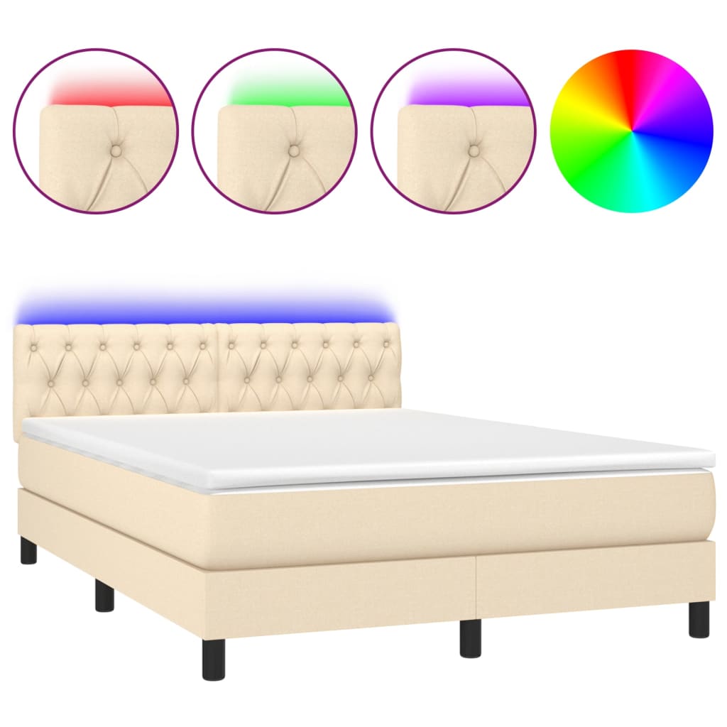 Box spring bed with mattress &amp; LED cream 140x200 cm fabric