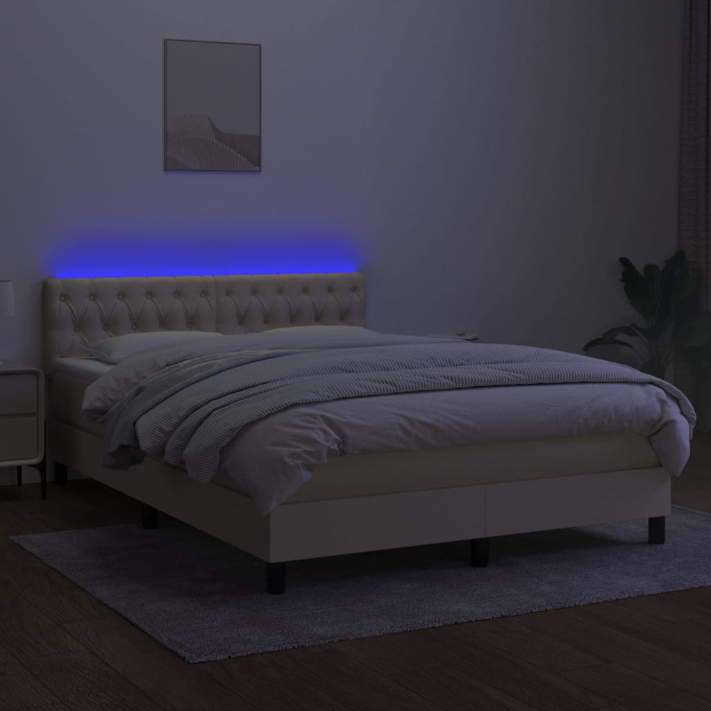 Box spring bed with mattress &amp; LED cream 140x200 cm fabric