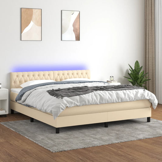 Box spring bed with mattress &amp; LED cream 160x200 cm fabric