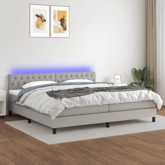 Box spring bed with mattress &amp; LED light grey 200x200 cm fabric