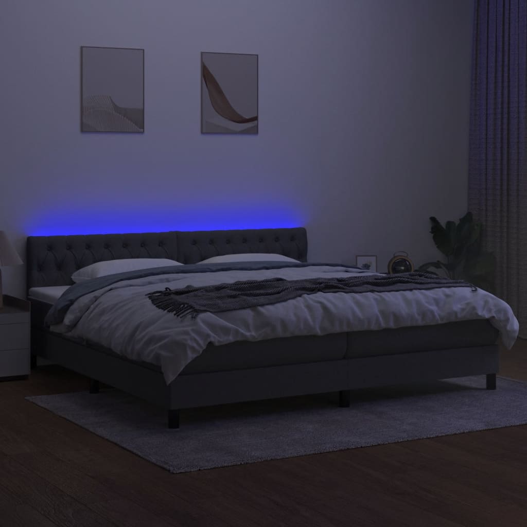 Box spring bed with mattress &amp; LED dark grey 200x200 cm fabric