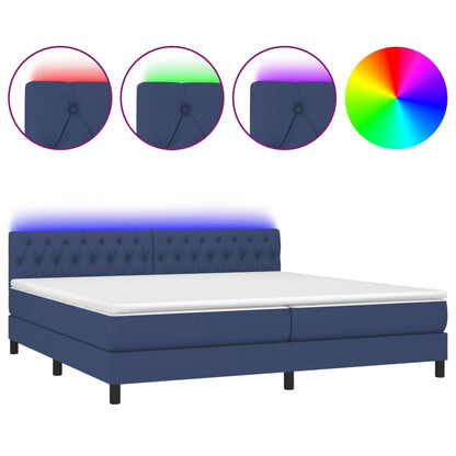 Box spring bed with mattress &amp; LED blue 200x200 cm fabric