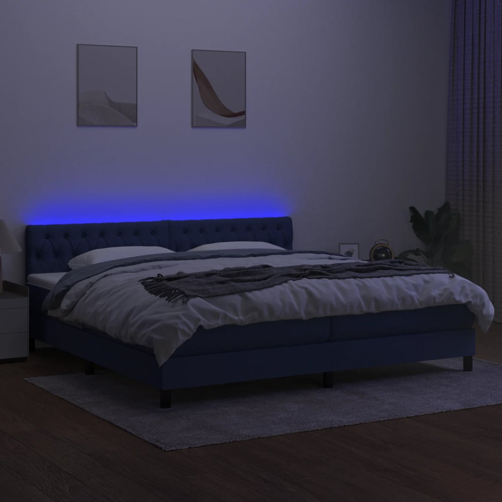 Box spring bed with mattress &amp; LED blue 200x200 cm fabric