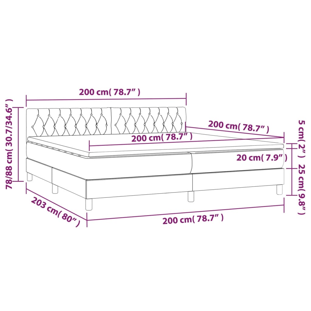 Box spring bed with mattress &amp; LED blue 200x200 cm fabric