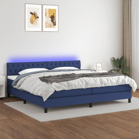 Box spring bed with mattress &amp; LED blue 200x200 cm fabric