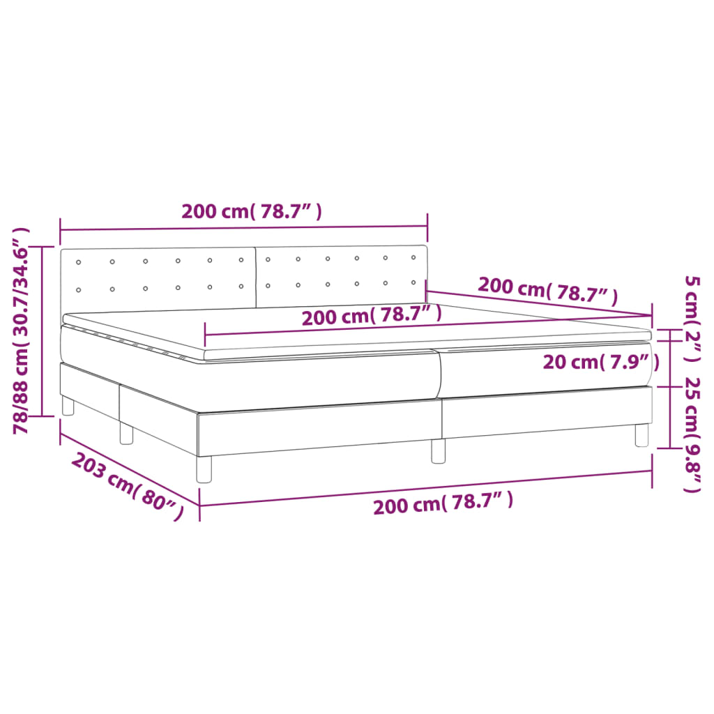 Box spring bed with mattress &amp; LED light grey 200x200 cm fabric