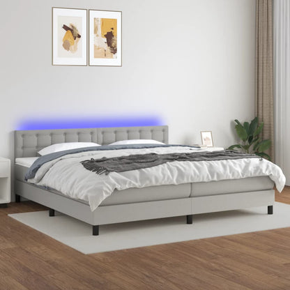 Box spring bed with mattress &amp; LED light grey 200x200 cm fabric