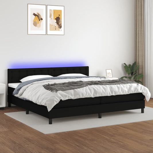 Box spring bed with mattress &amp; LED black 200x200 cm fabric