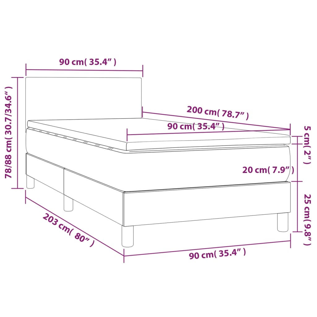 Box spring krevet s madracem i LED svjetlosiva tkanina 90x200 cm