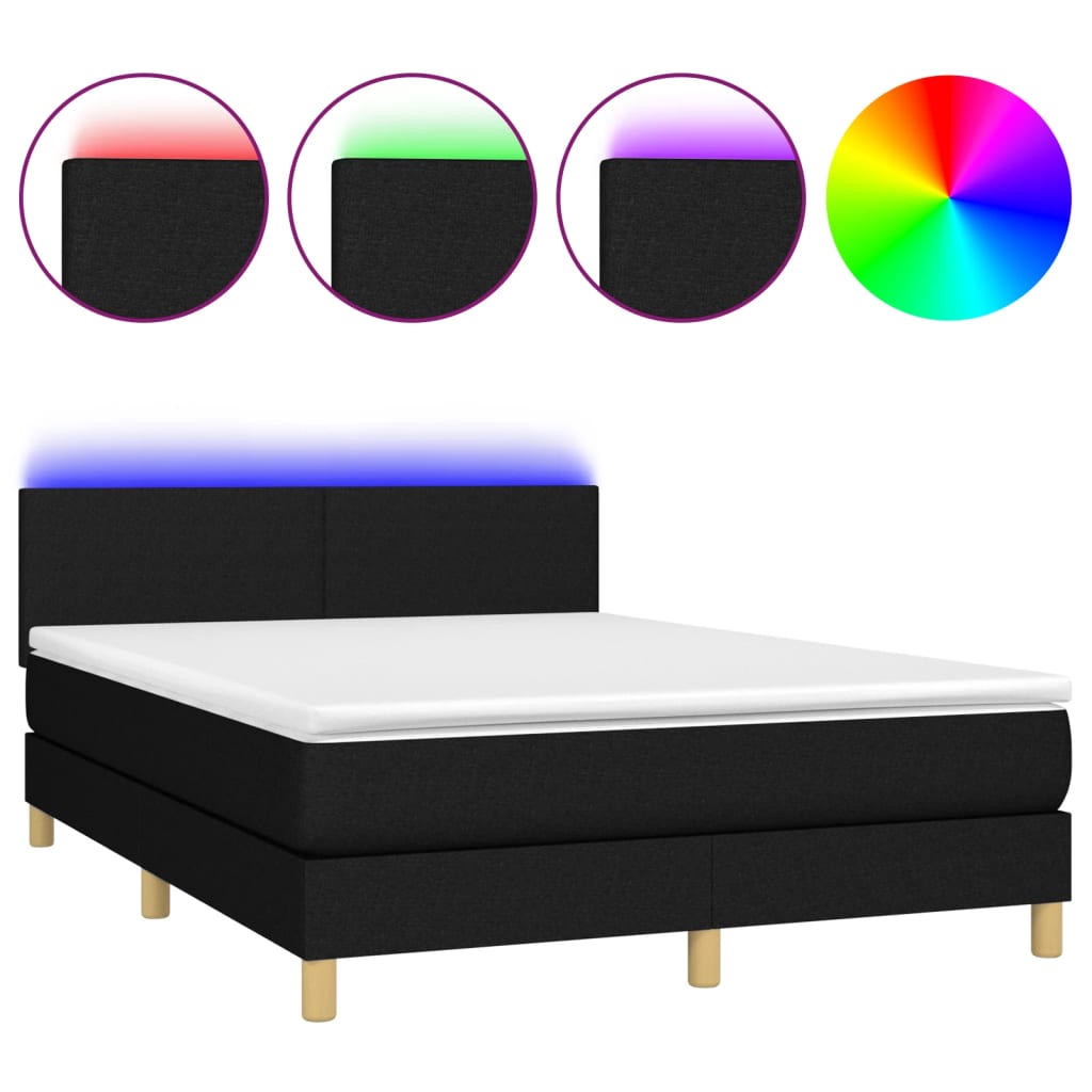 Box spring bed with mattress &amp; LED black 140x200 cm fabric