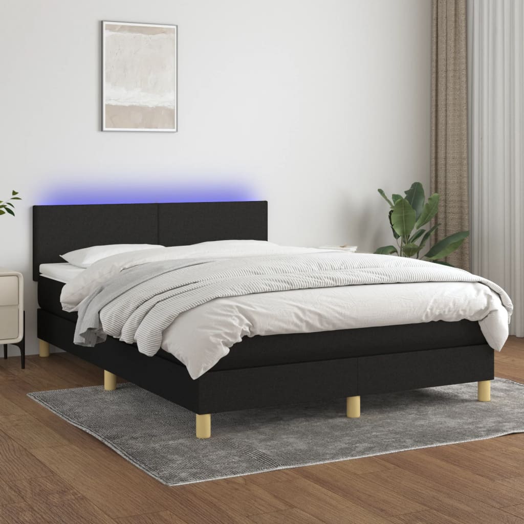 Box spring bed with mattress &amp; LED black 140x200 cm fabric