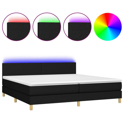 Box spring bed with mattress &amp; LED black 200x200 cm fabric