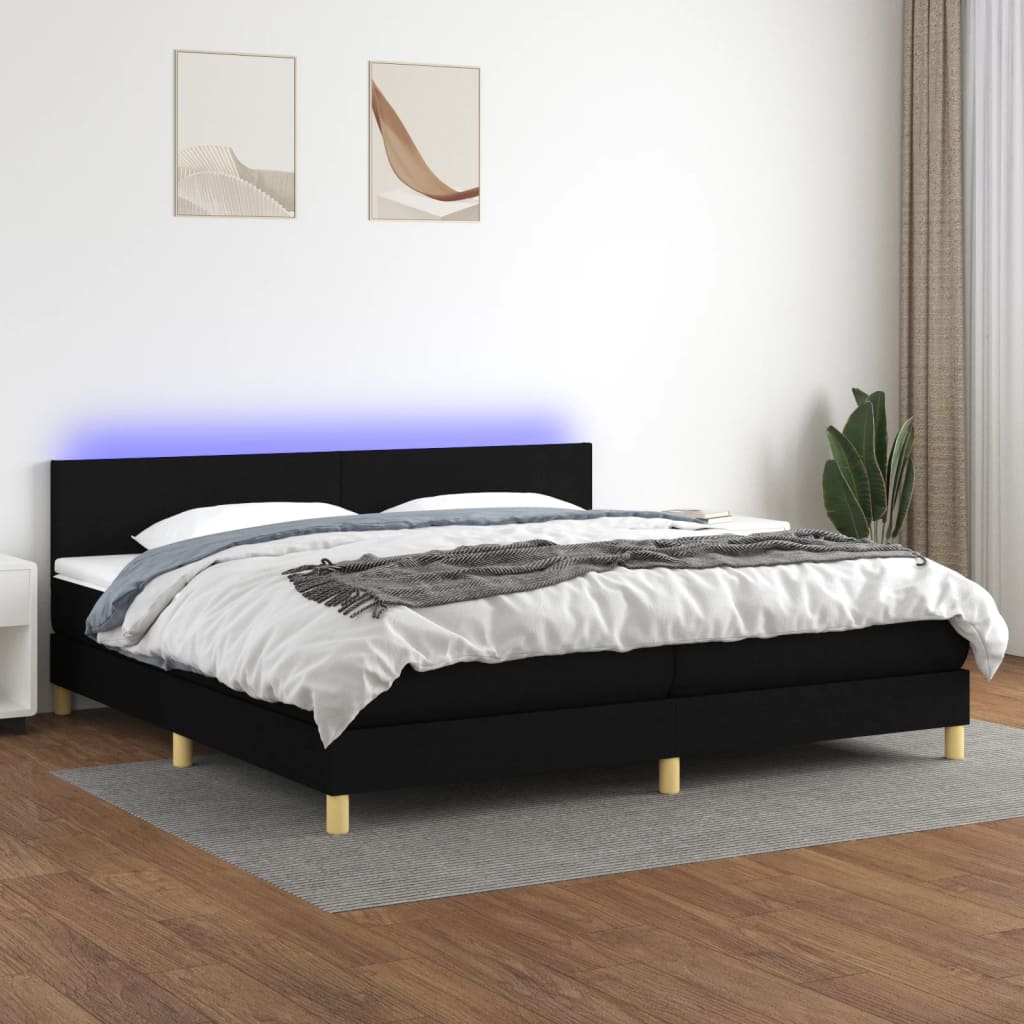 Box spring bed with mattress &amp; LED black 200x200 cm fabric