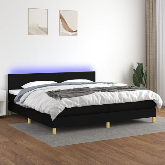 Box spring bed with mattress &amp; LED black 200x200 cm fabric