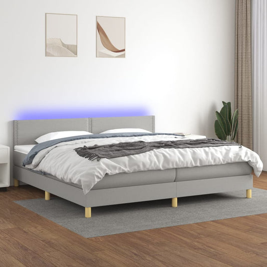 Box spring bed with mattress &amp; LED light grey 200x200 cm fabric