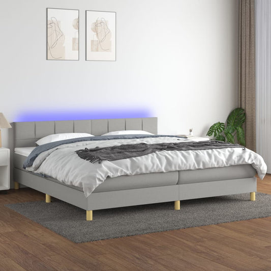 Box spring bed with mattress &amp; LED light grey 200x200 cm fabric