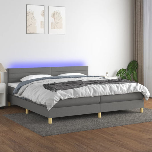 Box spring bed with mattress &amp; LED dark grey 200x200 cm fabric