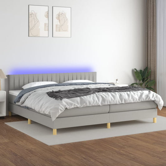 Box spring bed with mattress &amp; LED light grey 200x200 cm fabric