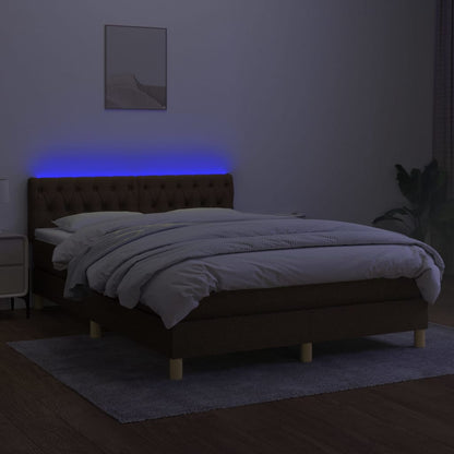 Box spring bed with mattress &amp; LED dark brown 140x200 cm fabric