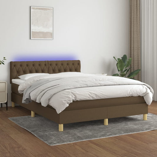 Box spring bed with mattress &amp; LED dark brown 140x200 cm fabric