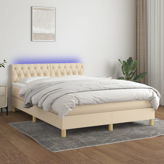 Box spring bed with mattress &amp; LED cream 140x200 cm fabric