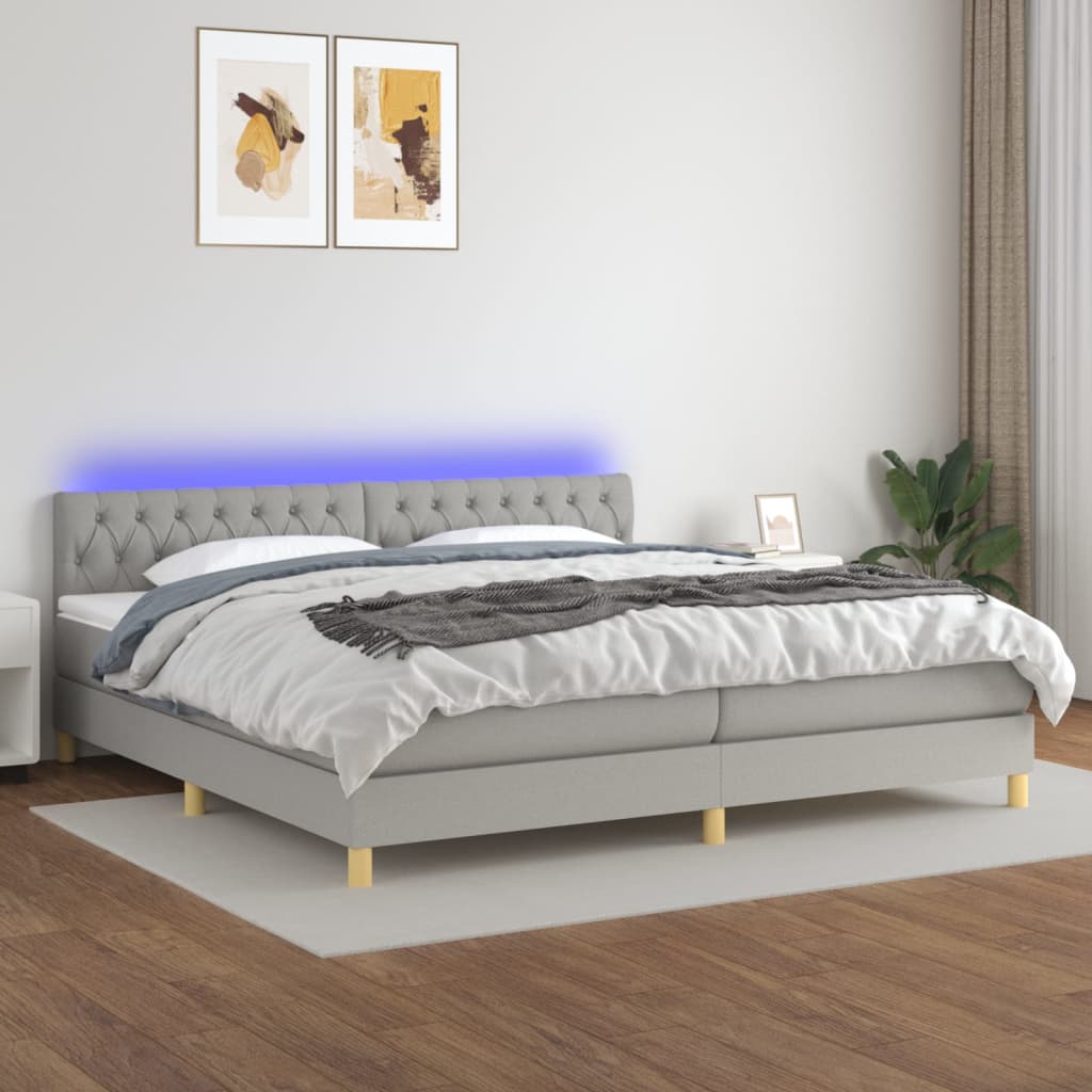 Box spring bed with mattress &amp; LED light grey 200x200 cm fabric