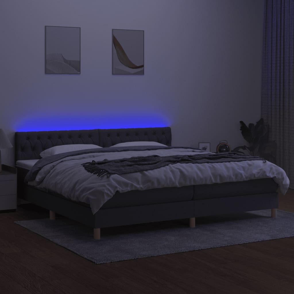 Box spring bed with mattress &amp; LED dark grey 200x200 cm fabric