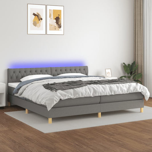 Box spring bed with mattress &amp; LED dark grey 200x200 cm fabric