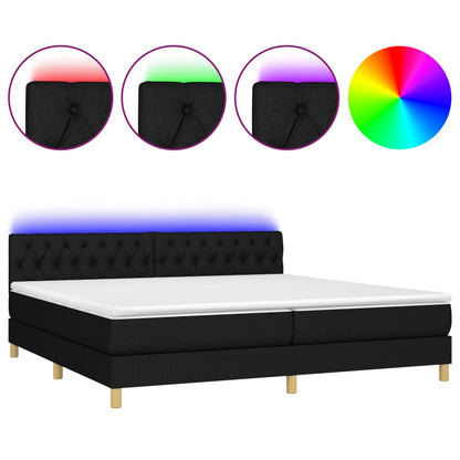 Box spring bed with mattress &amp; LED black 200x200 cm fabric