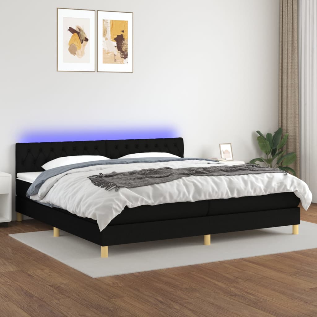 Box spring bed with mattress &amp; LED black 200x200 cm fabric