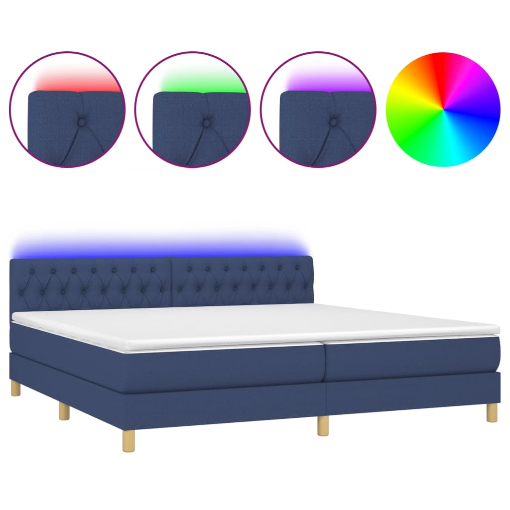 Box spring bed with mattress &amp; LED blue 200x200 cm fabric