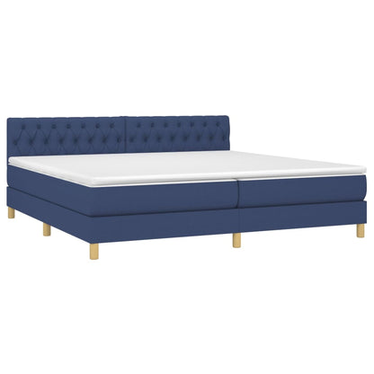 Box spring bed with mattress &amp; LED blue 200x200 cm fabric