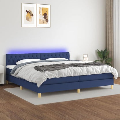 Box spring bed with mattress &amp; LED blue 200x200 cm fabric