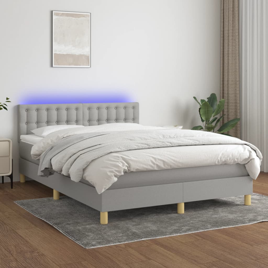 Box spring bed with mattress &amp; LED light grey 140x200 cm fabric