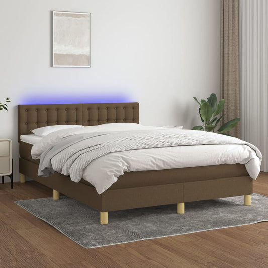 Box spring bed with mattress &amp; LED dark brown 140x200 cm fabric