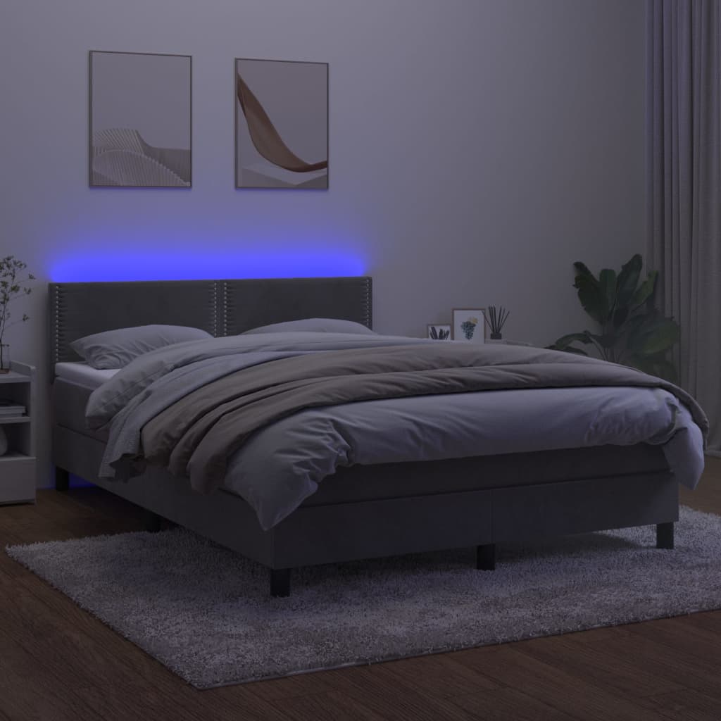 Box spring bed with mattress &amp; LED light grey 140x200 cm velvet