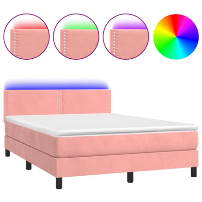 Box spring bed with mattress &amp; LED pink 140x200 cm velvet