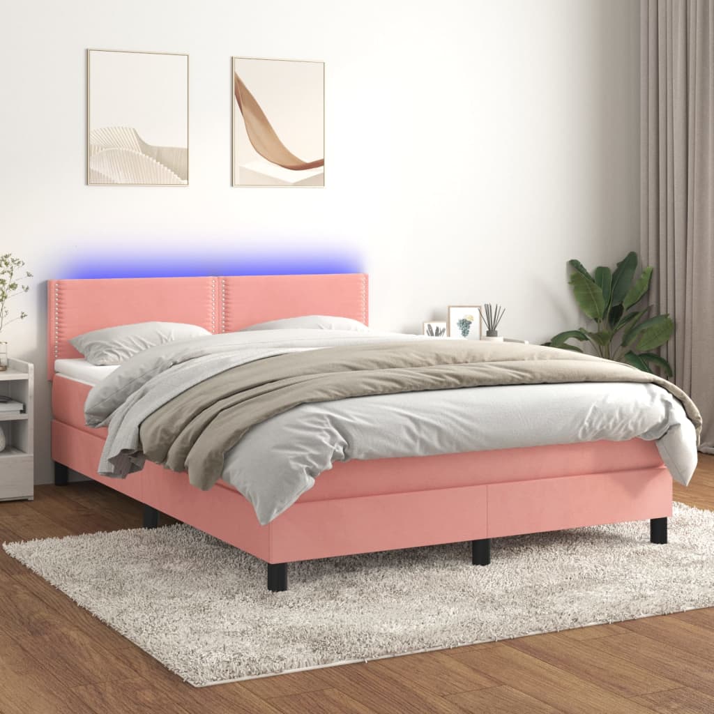 Box spring bed with mattress &amp; LED pink 140x200 cm velvet